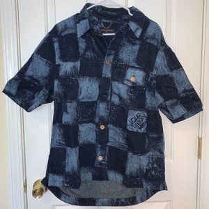 LOUIS VUITTON DAMIER Salt Print Heavy Denim Short Sleeve Shirt Sz M Retail $1950